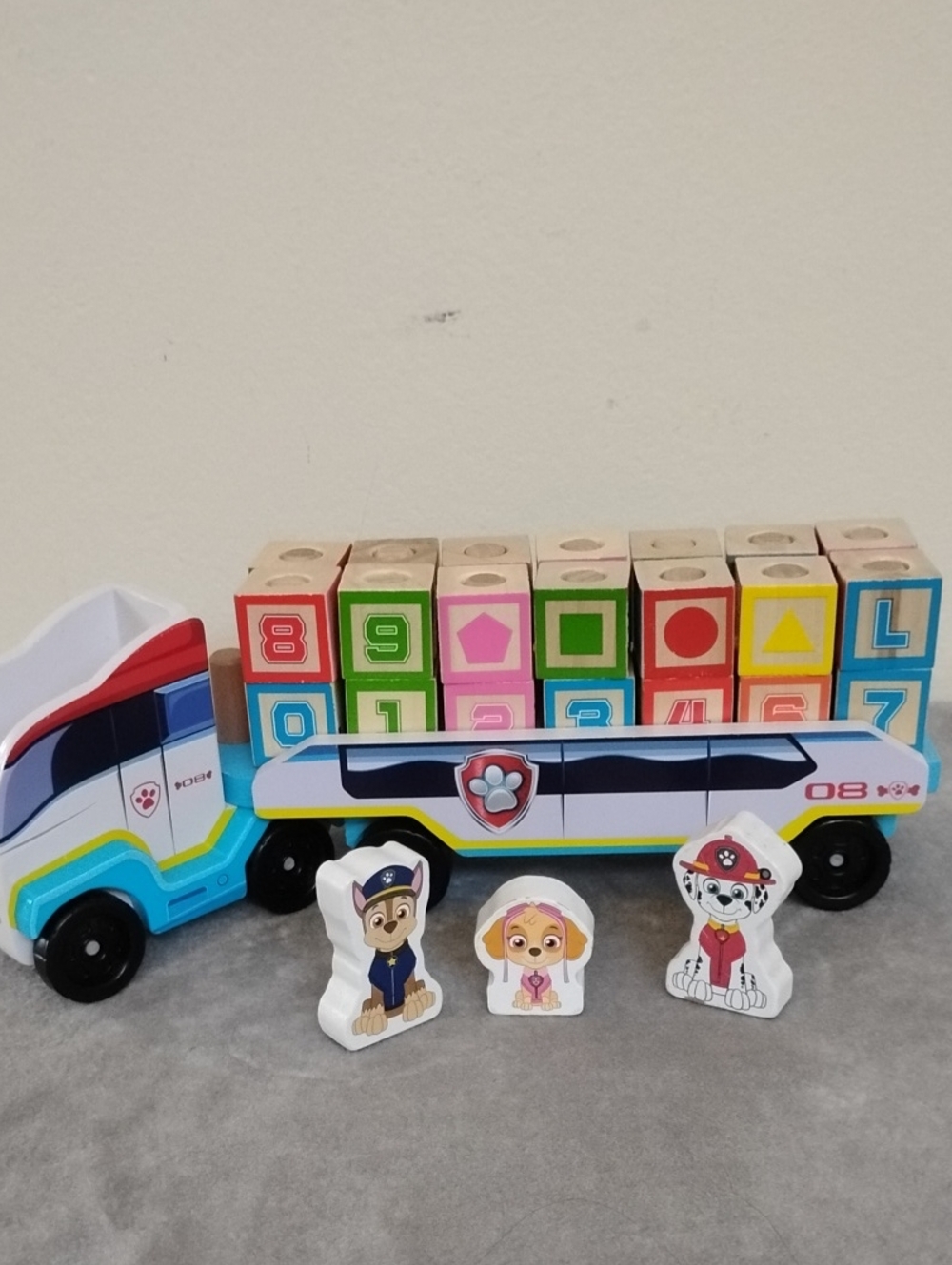 NWOT Wooden Paw Patrol Rescue Truck Set with White & Blue Trailer